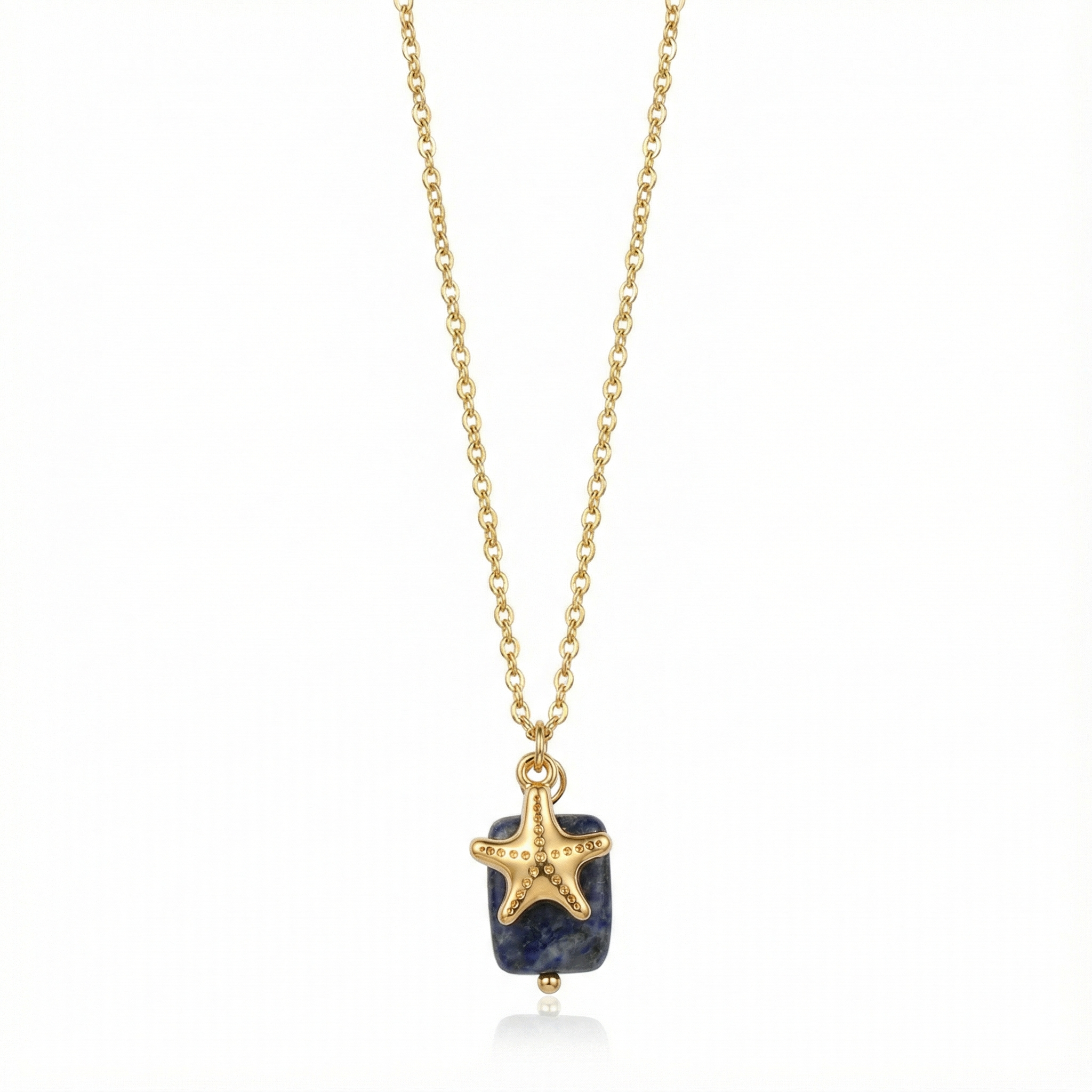 Collier d'été incontournable : pendentif étoile de mer dorée et petite pierre colorée, chaîne acier waterproof pour la plage.